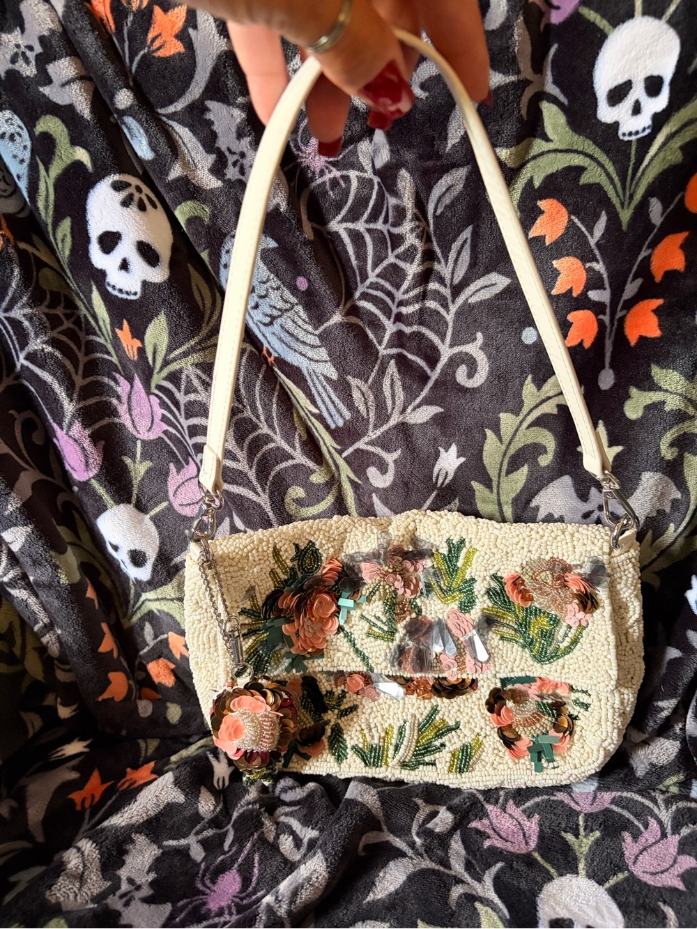 Hand-Embroidered Floral Beaded Shoulder Bag - Cream with Pink and green Accents